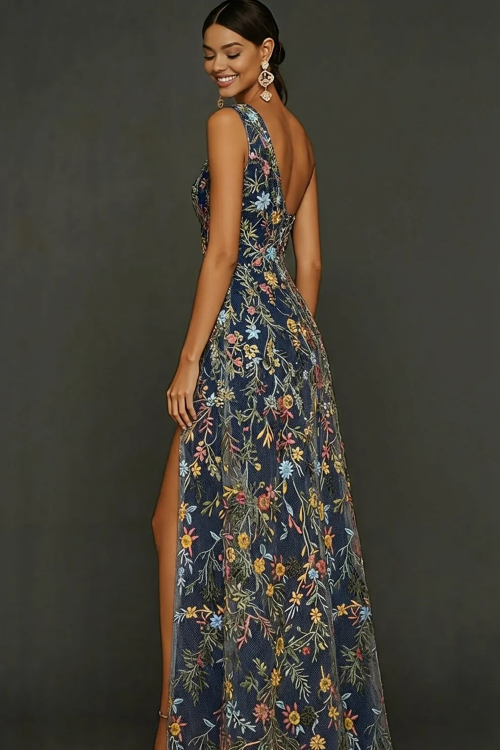 Floral Mauve One Shoulder A Line Long Prom Dress with Slit