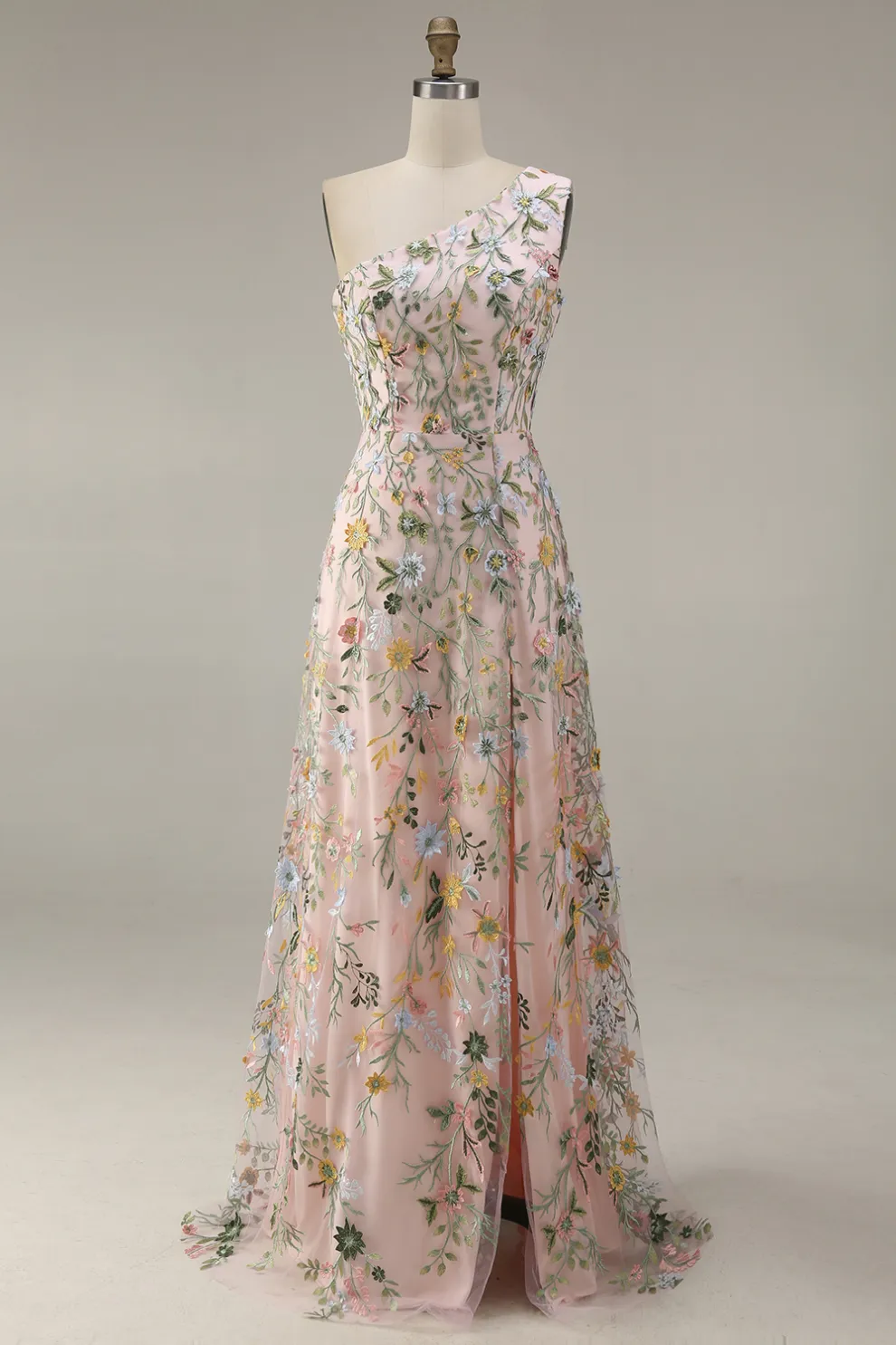 Floral Mauve One Shoulder A Line Long Prom Dress with Slit