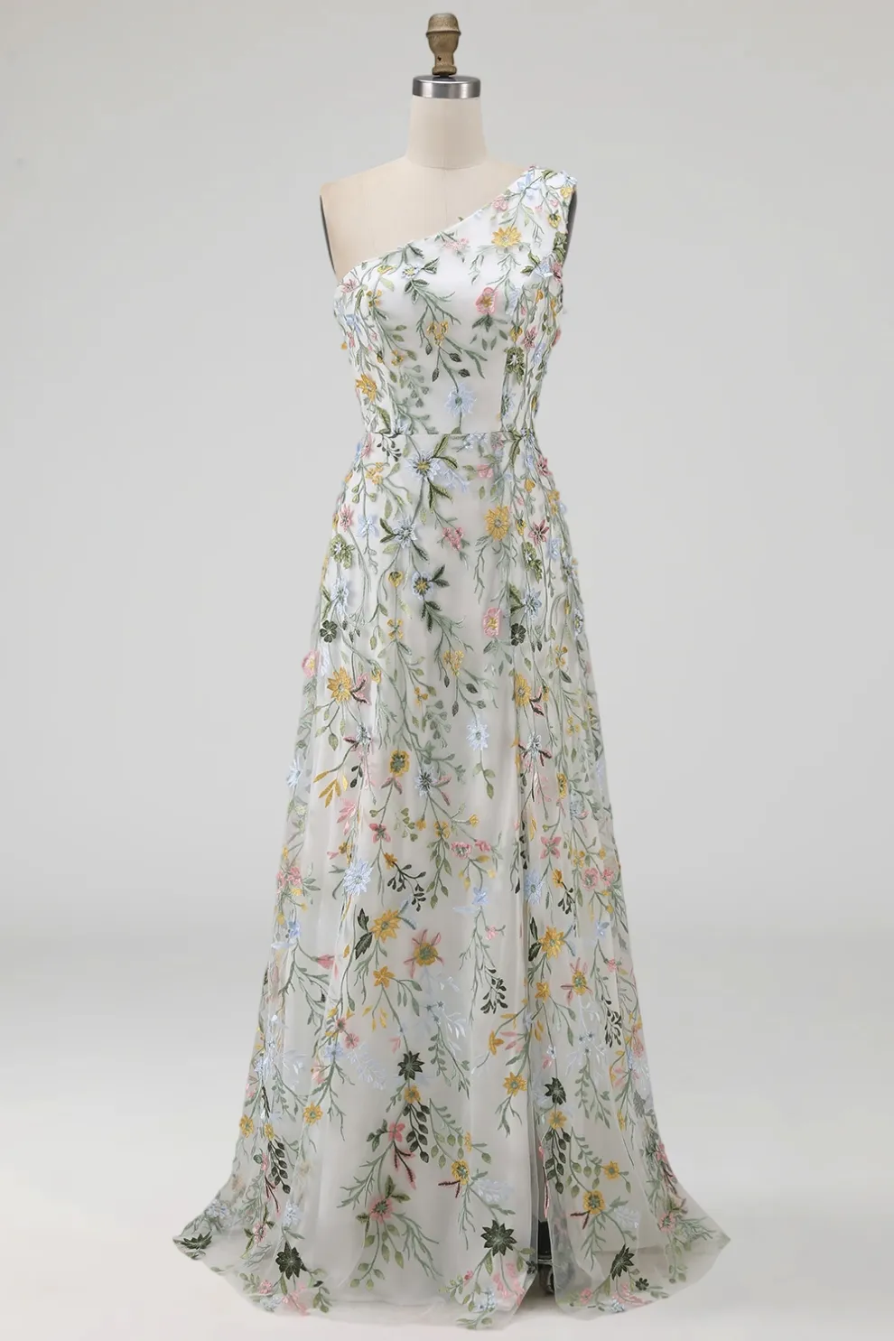 Floral Mauve One Shoulder A Line Long Prom Dress with Slit
