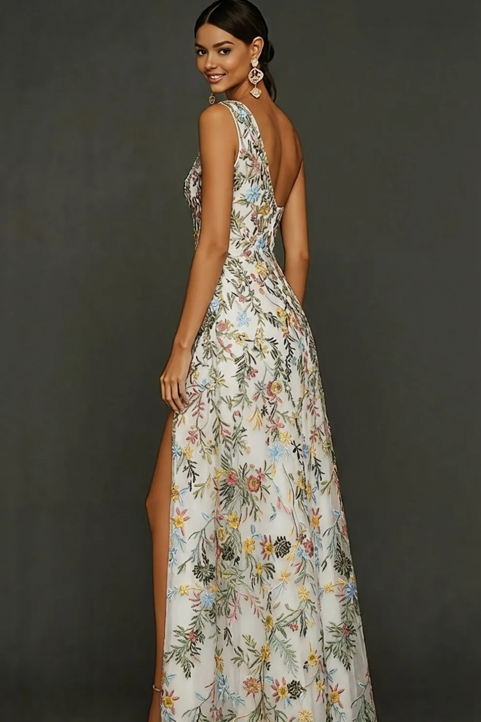 Floral Mauve One Shoulder A Line Long Prom Dress with Slit