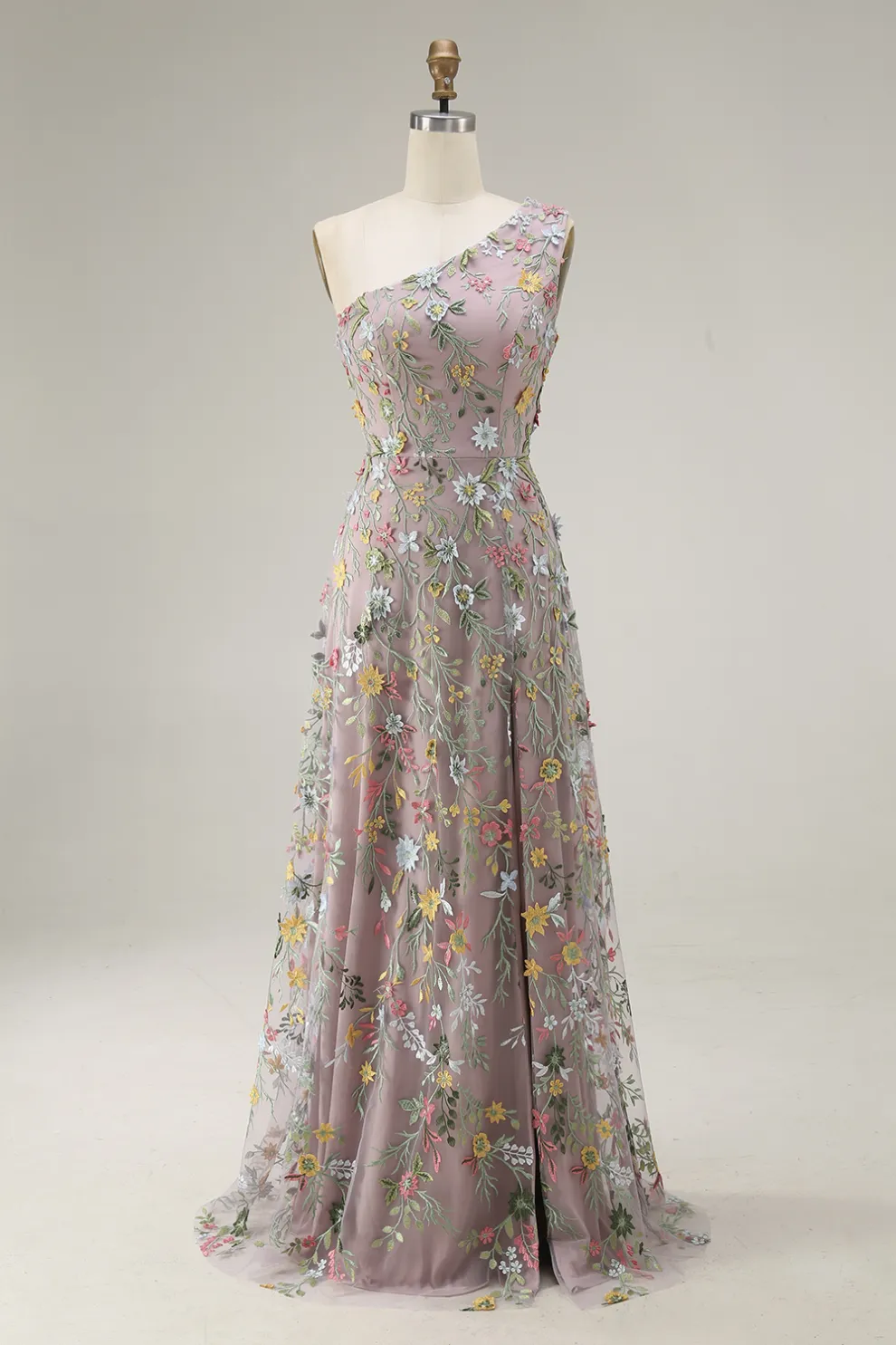 Floral Mauve One Shoulder A Line Long Prom Dress with Slit