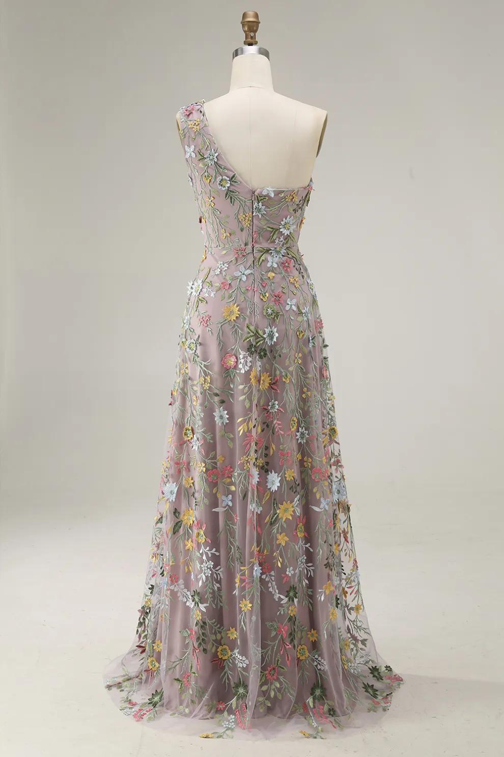 Floral Mauve One Shoulder A Line Long Prom Dress with Slit