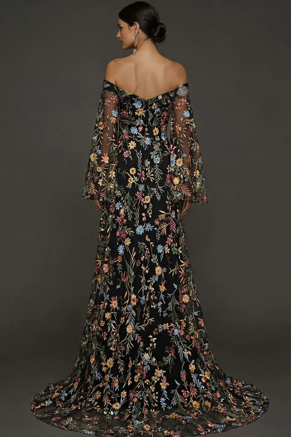 Mauve Floral Embroidered Flutter Sleeves Maxi Prom Dress with Slit
