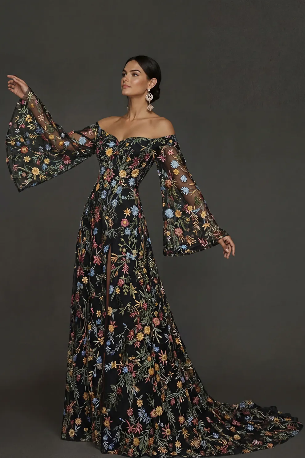 Mauve Floral Embroidered Flutter Sleeves Maxi Prom Dress with Slit