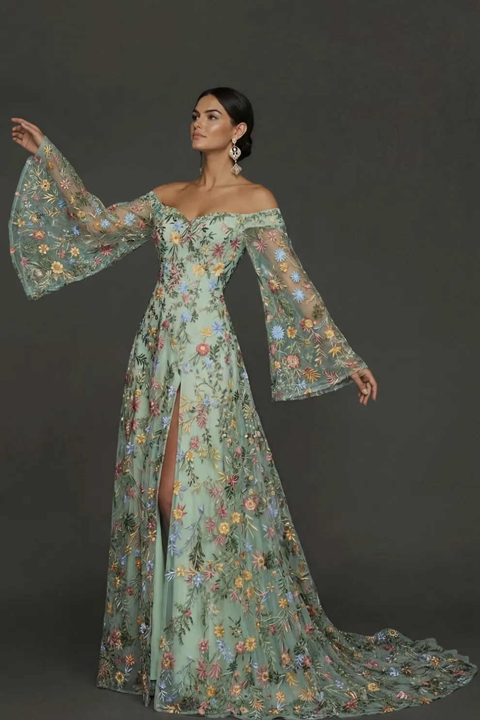 Mauve Floral Embroidered Flutter Sleeves Maxi Prom Dress with Slit
