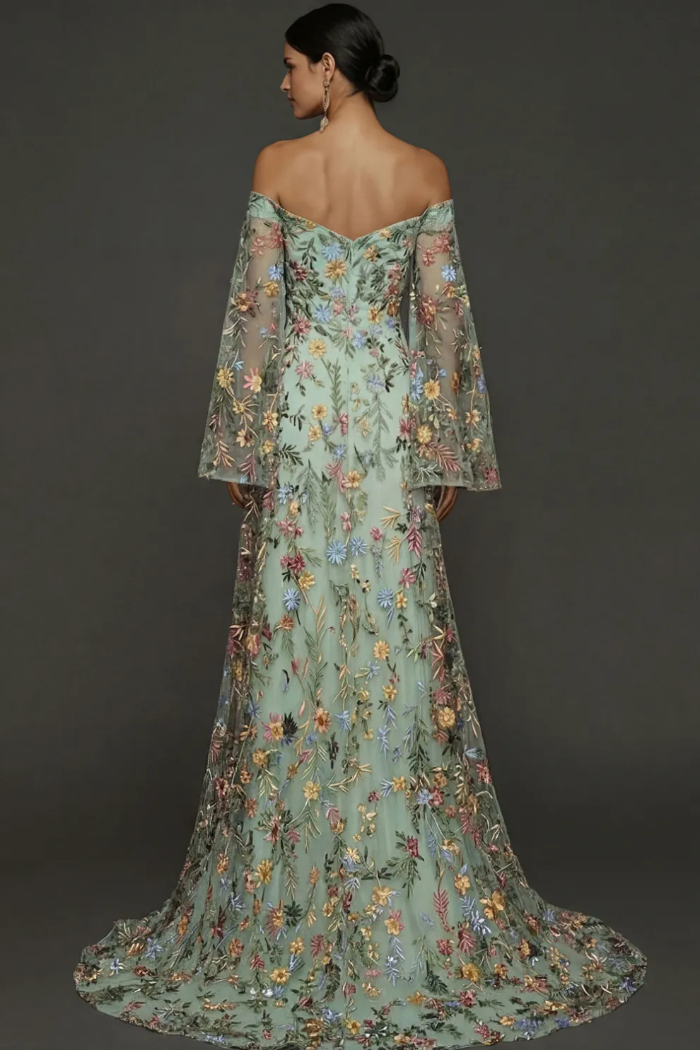 Mauve Floral Embroidered Flutter Sleeves Maxi Prom Dress with Slit