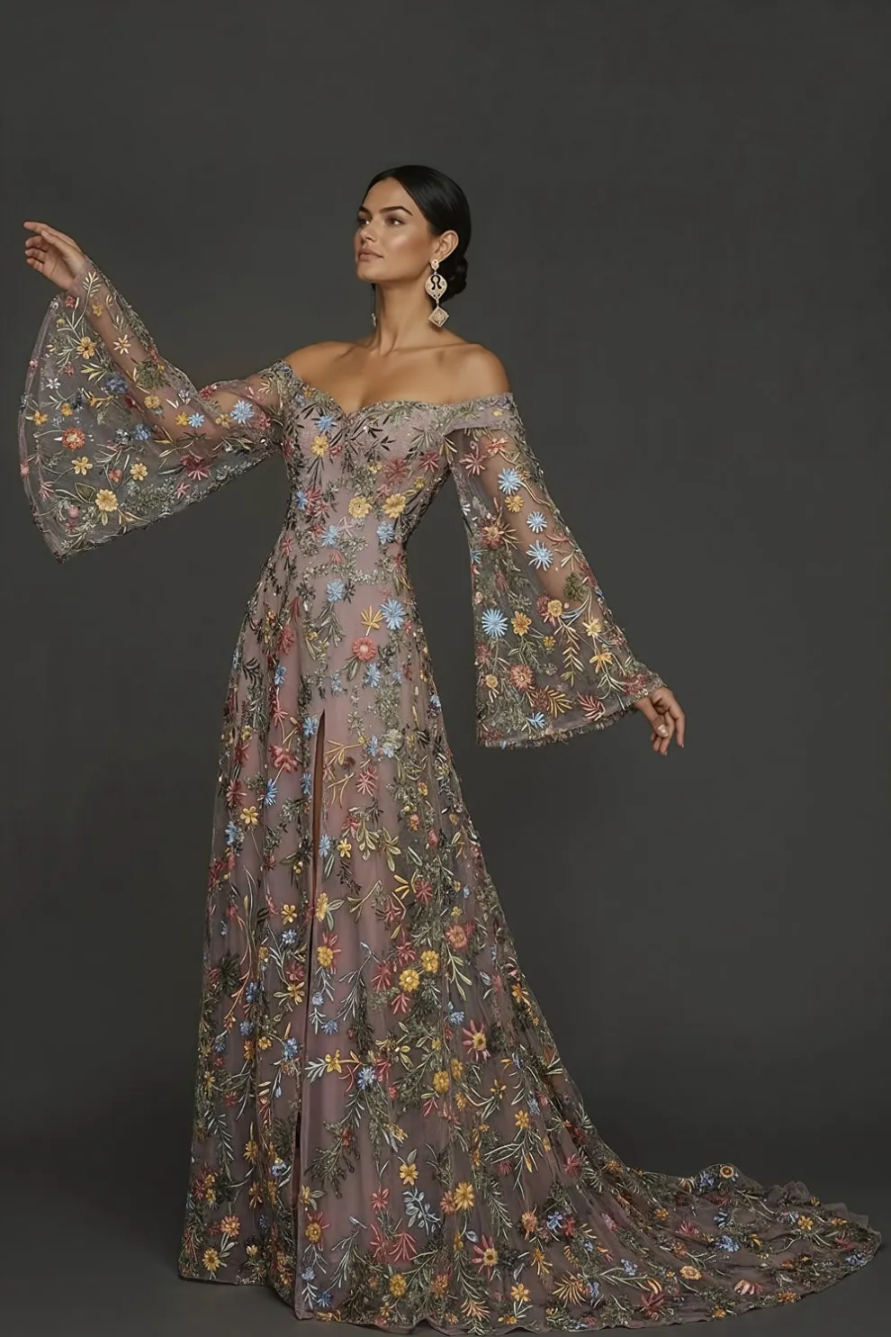 Mauve Floral Embroidered Flutter Sleeves Maxi Prom Dress with Slit