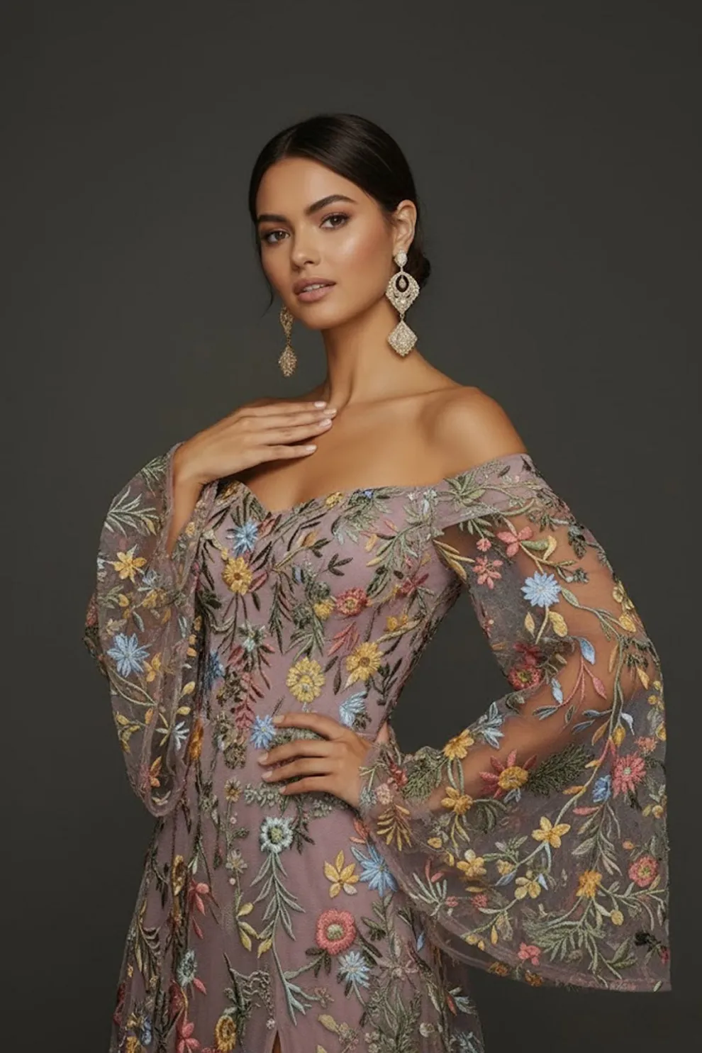 Mauve Floral Embroidered Flutter Sleeves Maxi Prom Dress with Slit