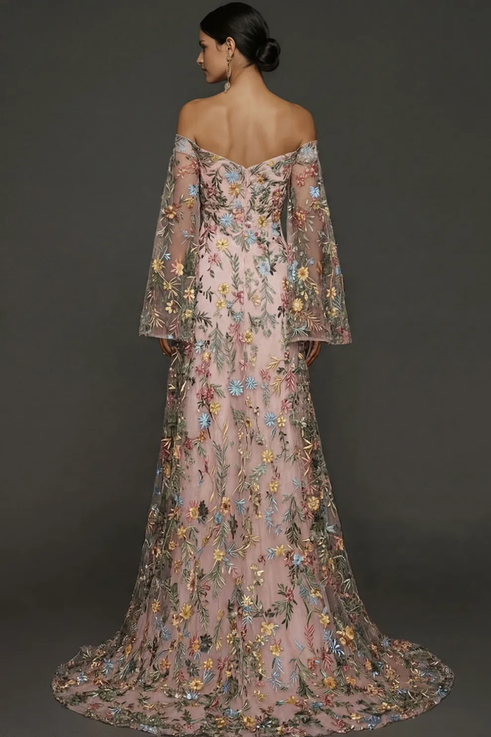 Mauve Floral Embroidered Flutter Sleeves Maxi Prom Dress with Slit