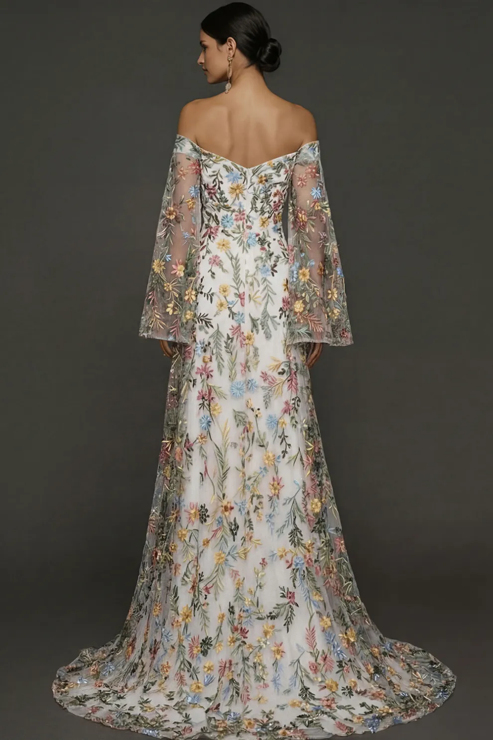 Mauve Floral Embroidered Flutter Sleeves Maxi Prom Dress with Slit
