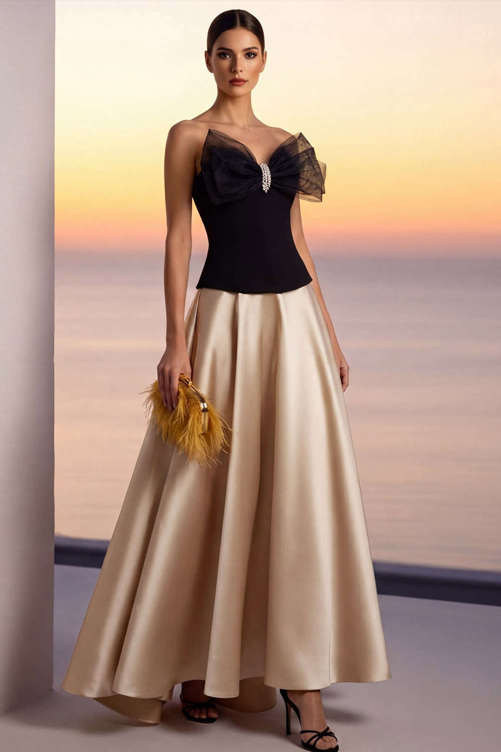 Champagne Formal Evening Dress Strapless A-Line Satin Maxi Dress with Bow