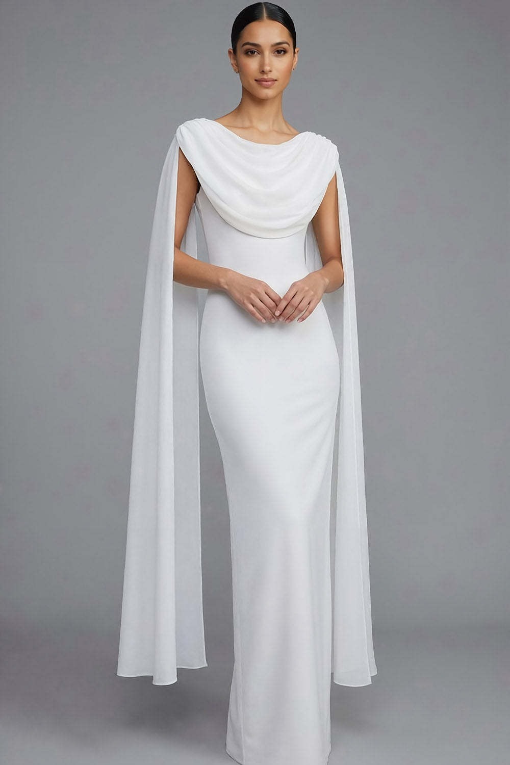 White Round Neck Mermaid Long Formal Dress with Cape