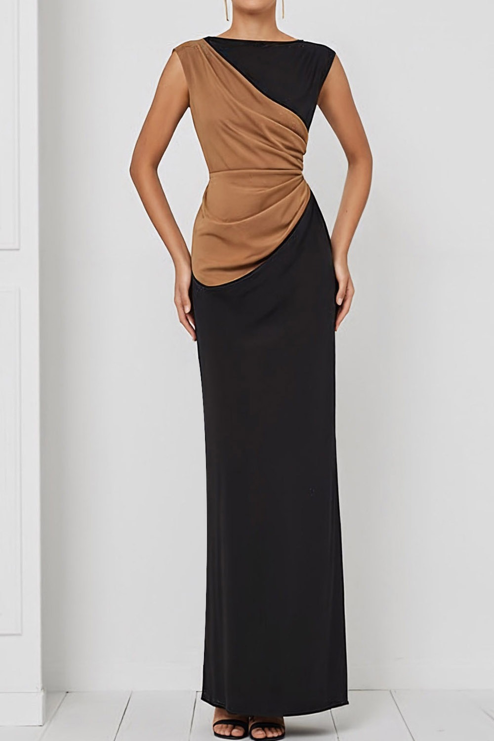 Black Evening Formal Dress Sheath Crew Neck Ruched Maxi Dress