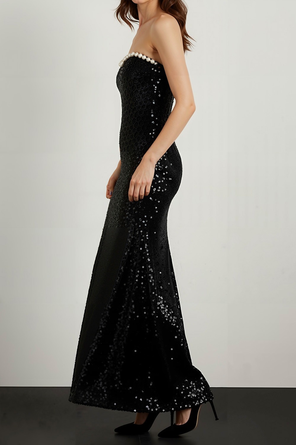 Black Formal Party Dress Sheath Strapless Sequin Maxi Dress