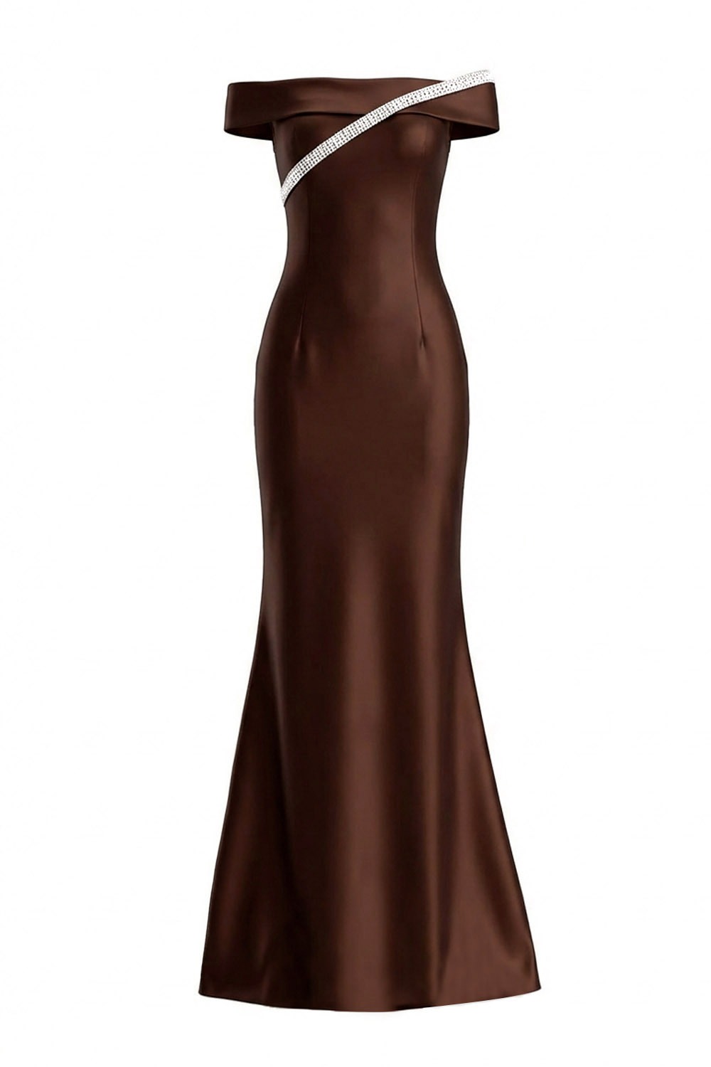 Brown Evening Formal Dress Off the Shoulder Satin Beaded Maxi Dress
