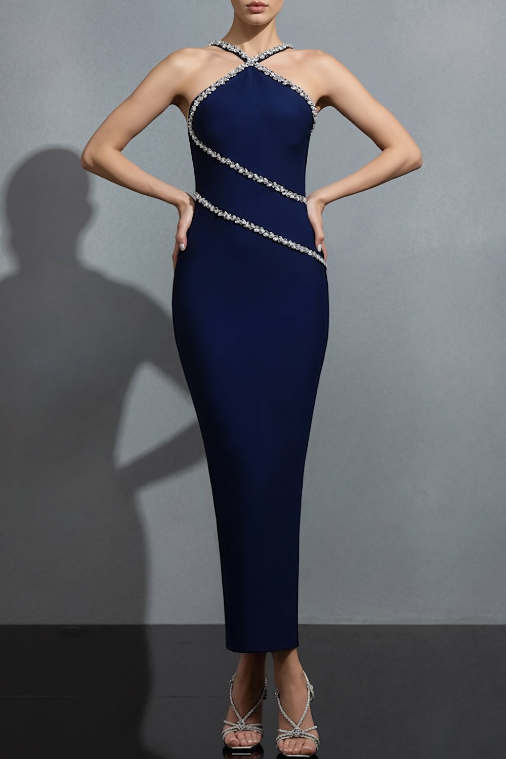 Navy Formal Evening Dress Sheath Halter Maxi Dress with Sequin