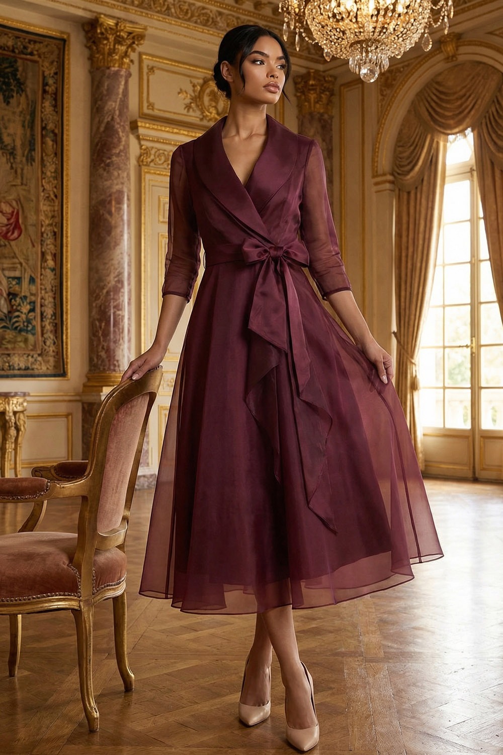 Burgundy Formal Evening Dress A-Line Lapel Long Sleeve Midi Dress