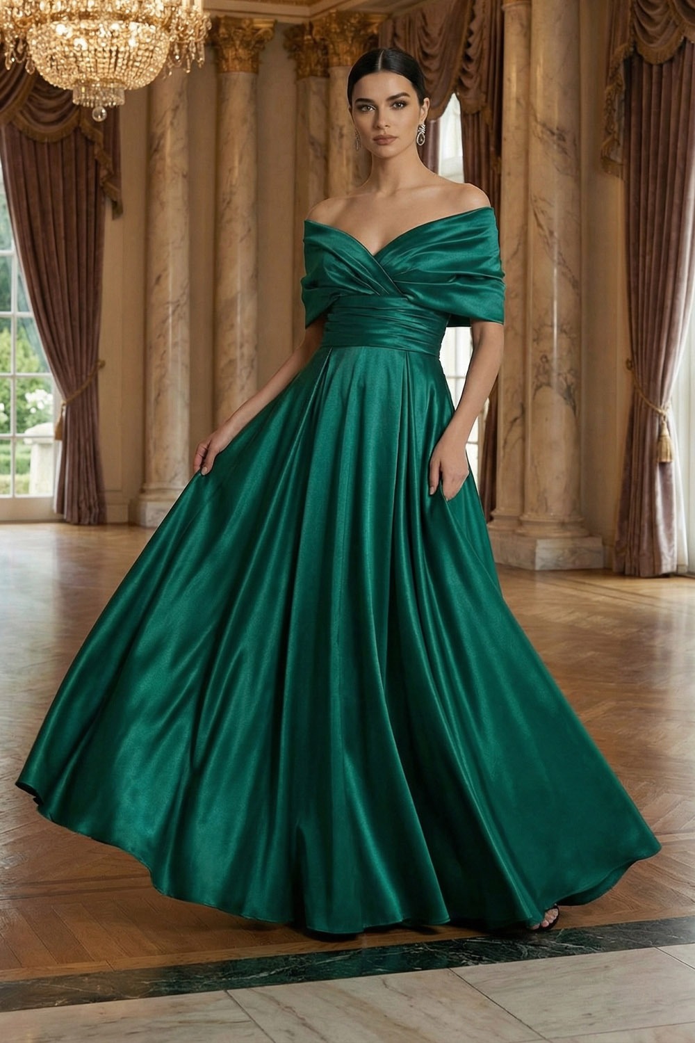 Emerald Green Formal Evening Dress A-Line Off the Shoulder Satin Maxi Dress
