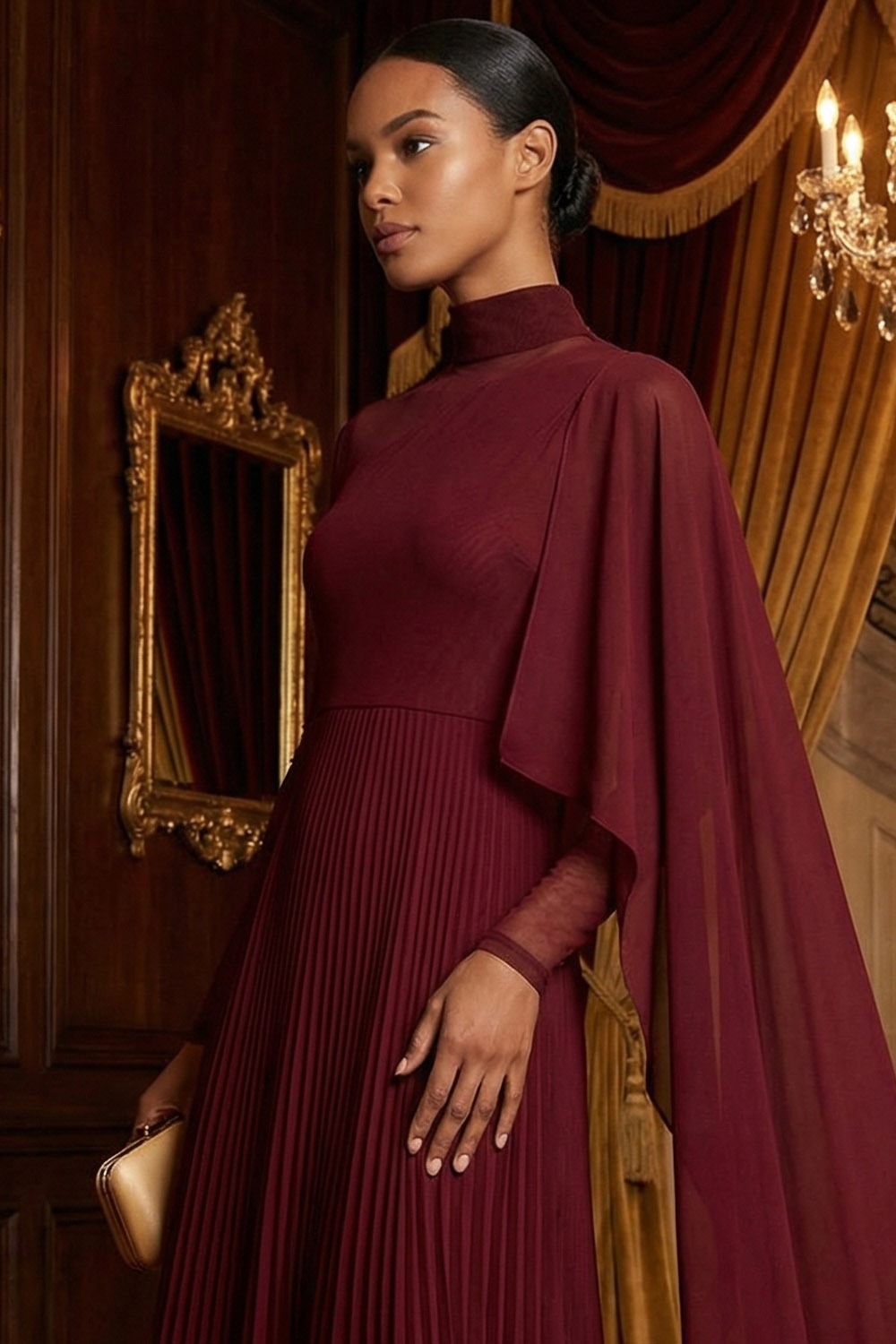 Burgundy Formal Dress A-Line High Neck Pleated Chiffon Maxi Dress with Cape