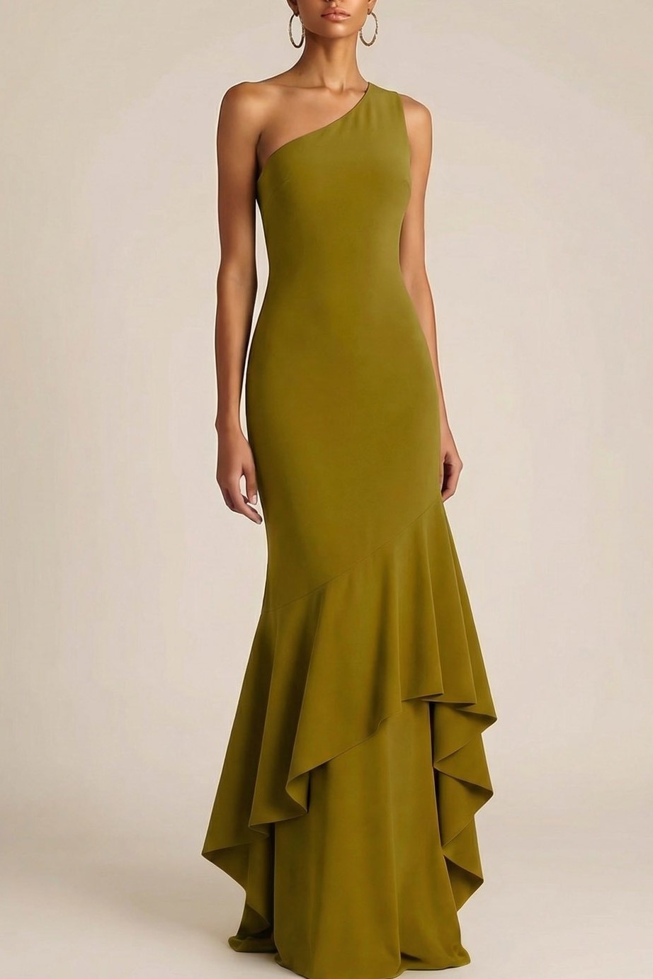 Olive Formal Dress Mermaid One Shoulder Maxi Dress with Ruffle