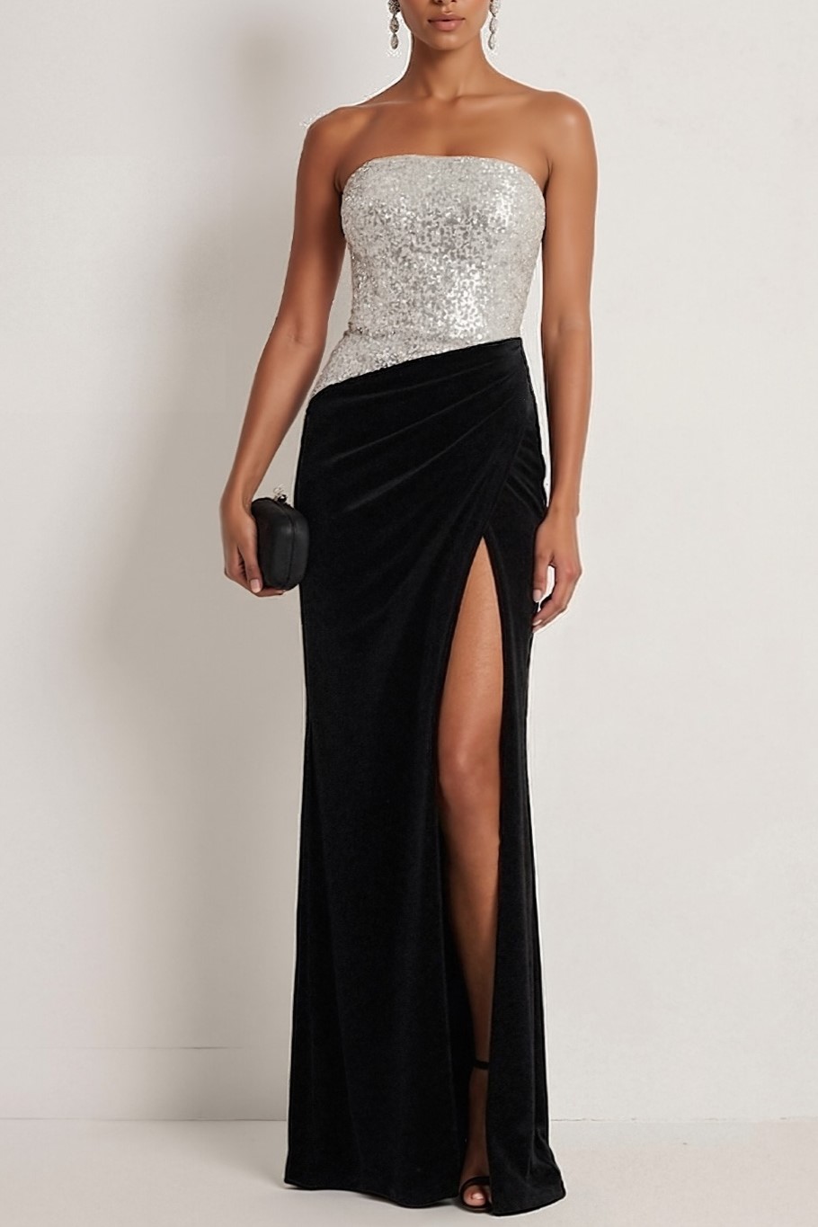 Silver Formal Party Dress Strapless Sequin Maxi Dress with Slit