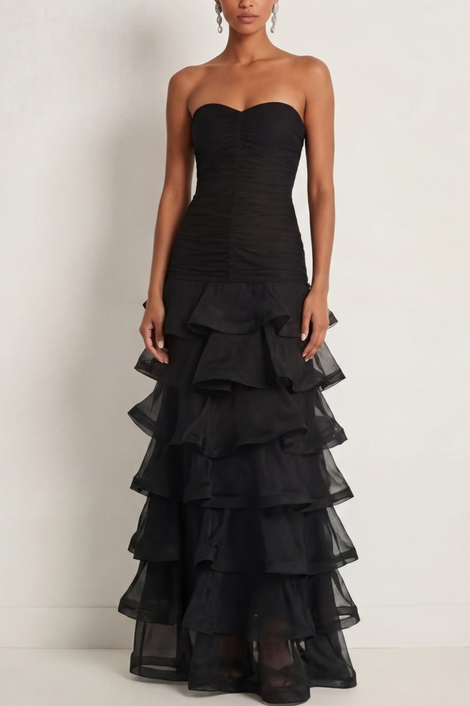 Black Formal Evening Dress A-Line Sweetheart Tiered Maxi Dress