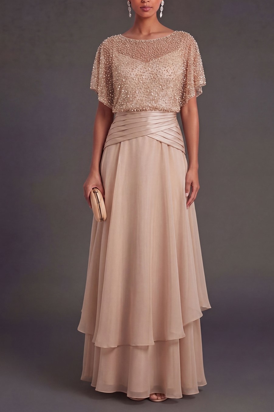 Champagne Sparkly Beaded A Line Ruffled Round Neck Long Formal Dress