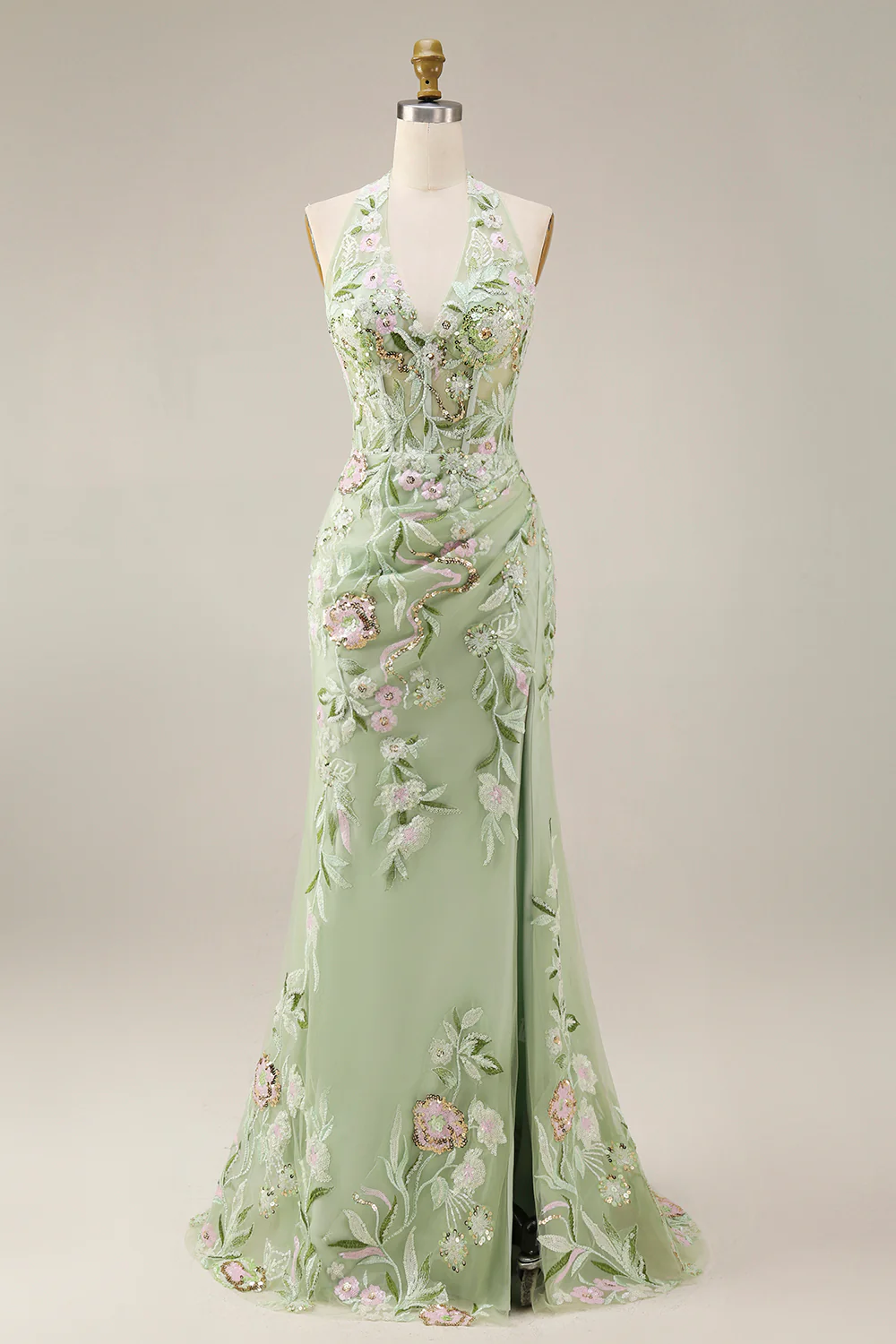 Sheath Floral Dusty Sage Halter Neck Ruched Long Prom Dress with Slit