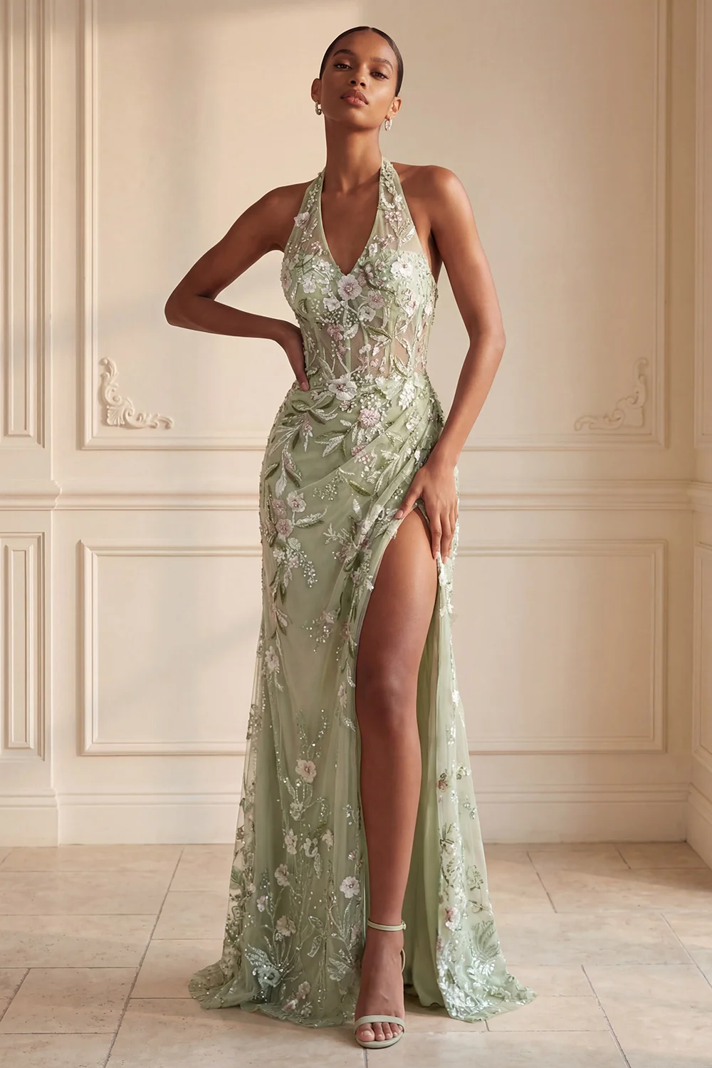 Sheath Floral Dusty Sage Halter Neck Ruched Long Prom Dress with Slit