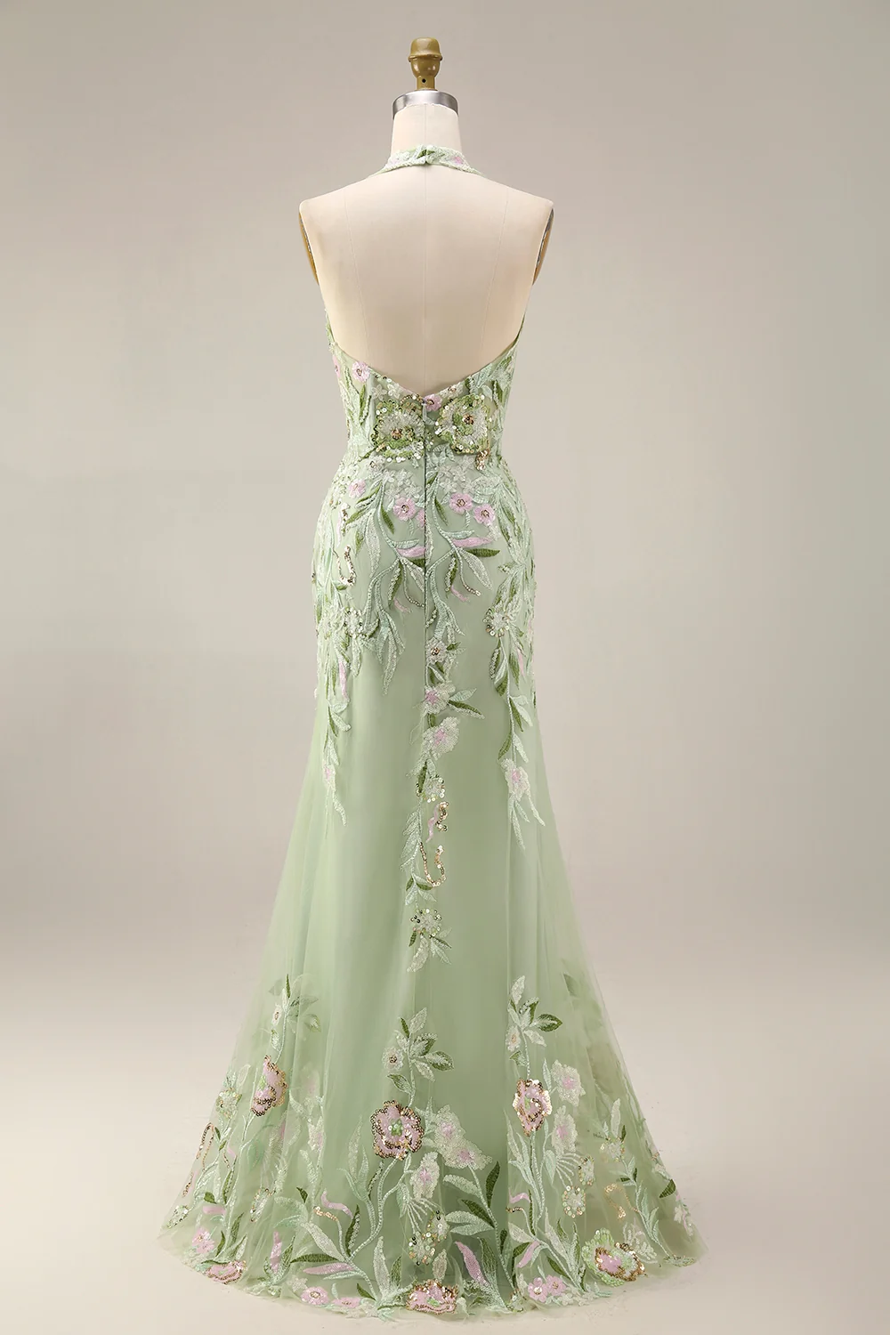 Sheath Floral Dusty Sage Halter Neck Ruched Long Prom Dress with Slit