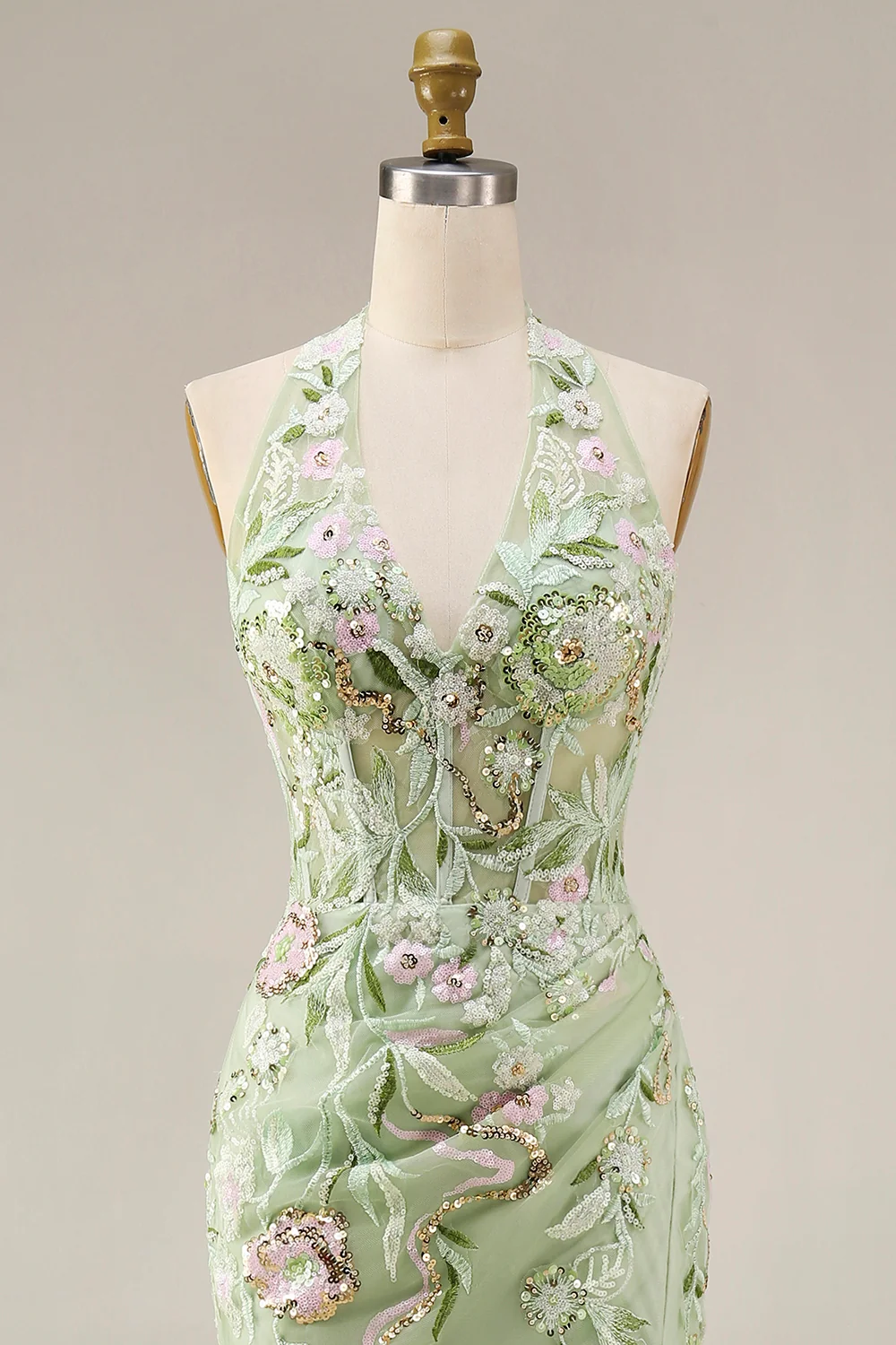 Sheath Floral Dusty Sage Halter Neck Ruched Long Prom Dress with Slit