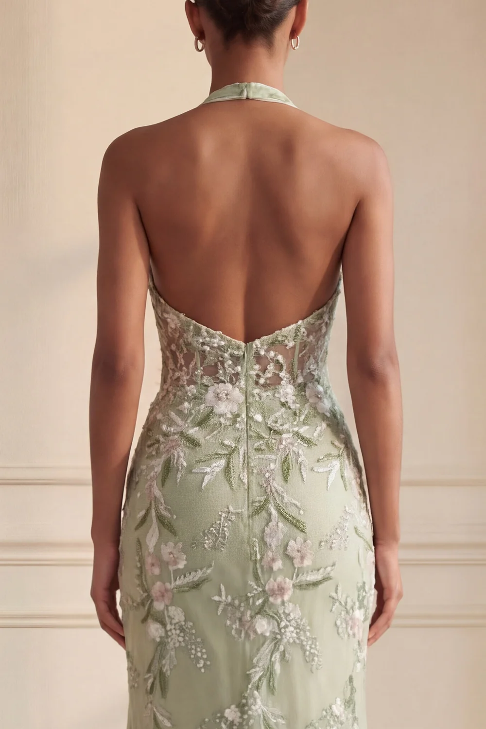 Sheath Floral Dusty Sage Halter Neck Ruched Long Prom Dress with Slit