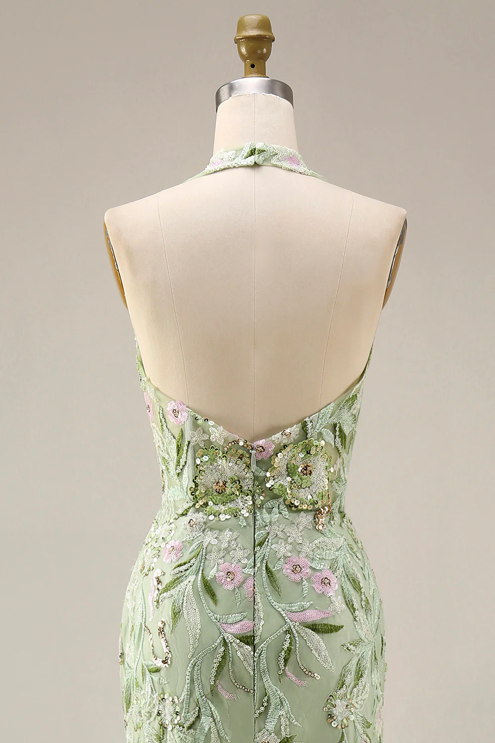 Sheath Floral Dusty Sage Halter Neck Ruched Long Prom Dress with Slit