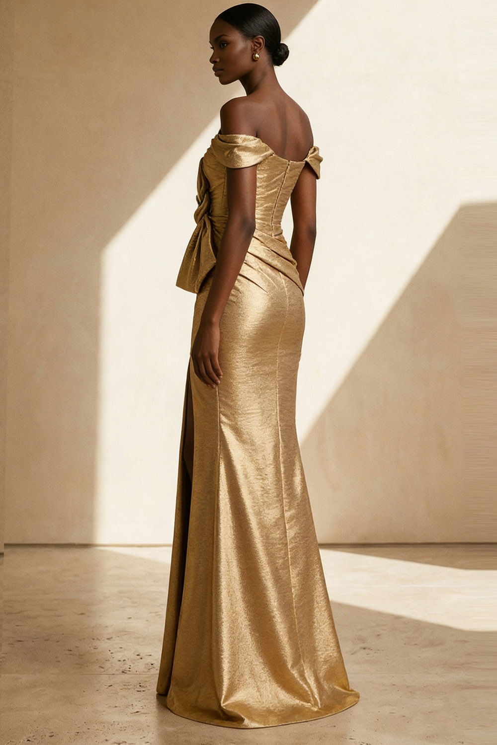 Gold Formal Dress Off the Shoulder Metallic Satin Maxi Dress with Bow