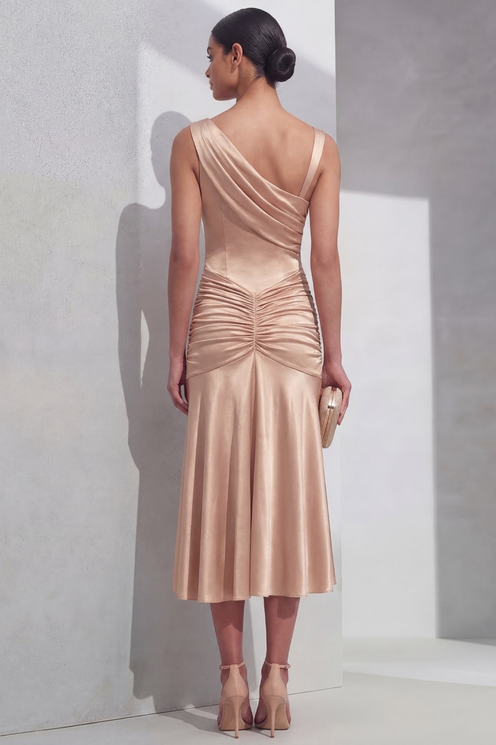 Champagne Formal Evening Dress Mermaid Cowl Neck Satin Midi Dress
