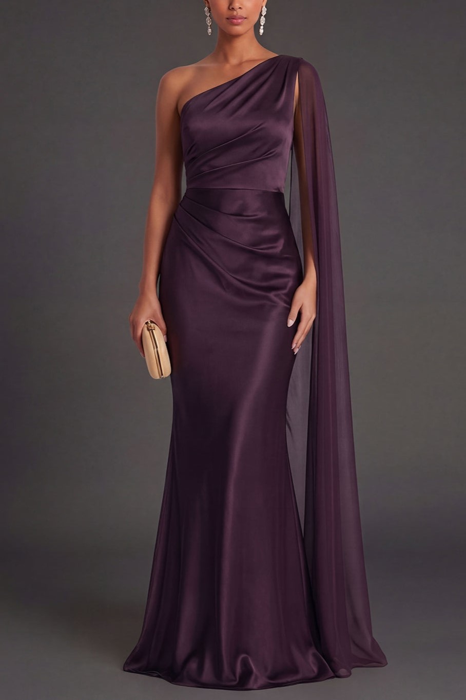 Cabernet Ruched Satin Mermaid Long Formal Dress