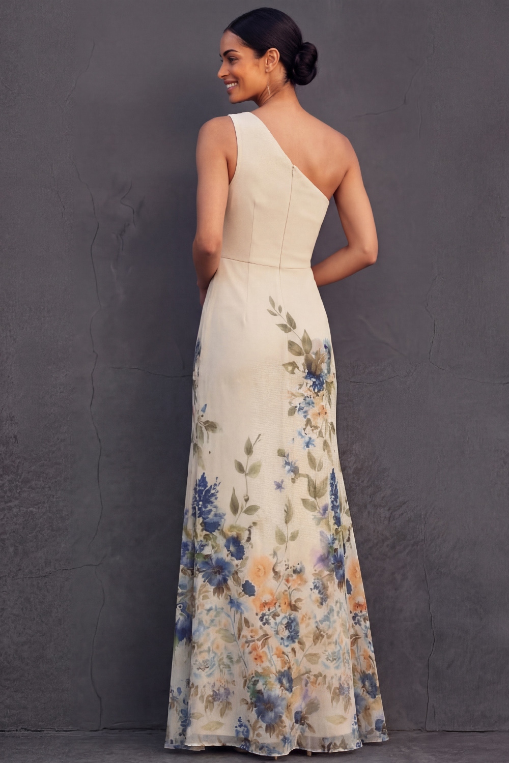 Champagne Floral Wedding Guest Dress Mermaid One Shoulder Maxi Dress