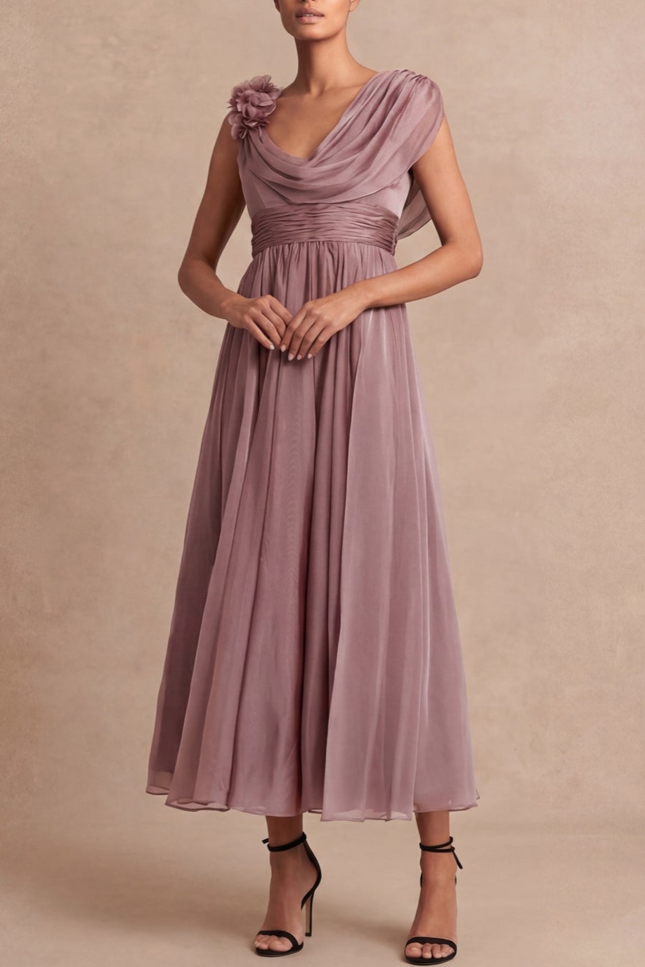 Vintage Rose Cowl Neck A Line Long Formal Dress with Flower