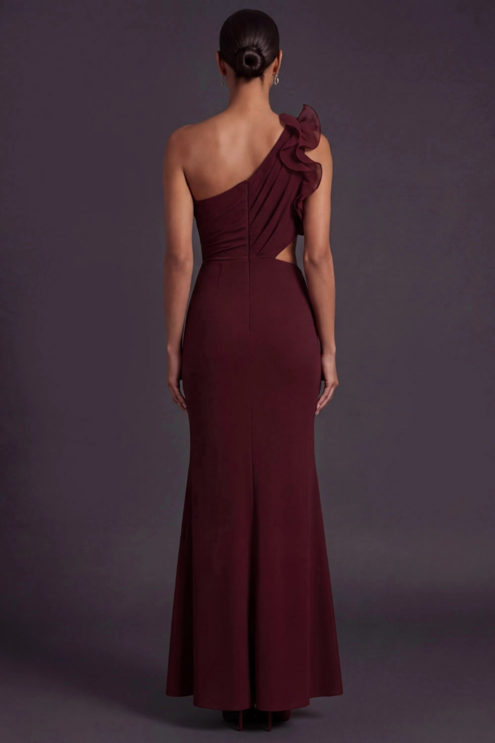 Burgundy Mermaid One Shoulder Ruffled Maxi Dress