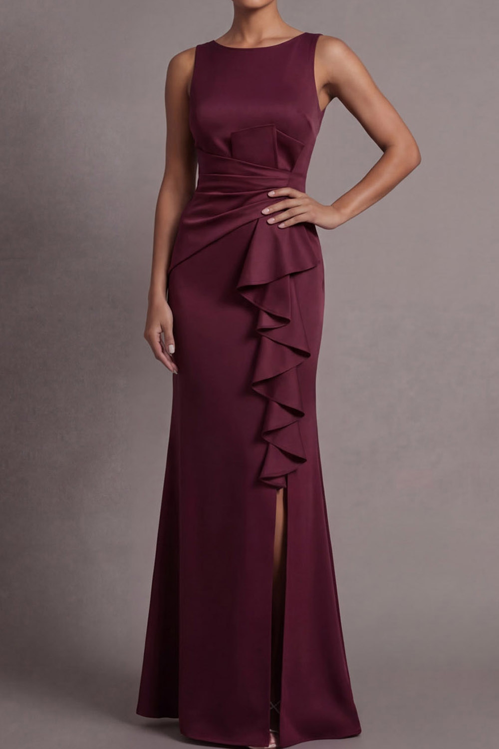 Burgundy Formal Dress Mermaid Crew Neck Ruffled Maxi Dress with Slit