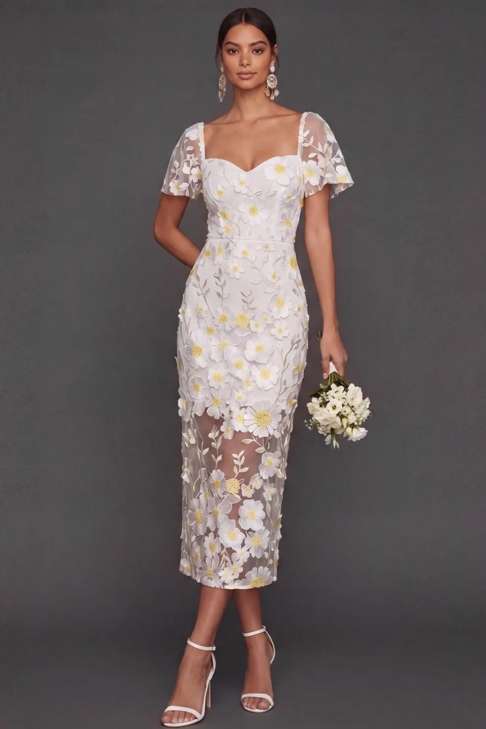 Floral Appliqued White Sheath Midi Engagement Dress
