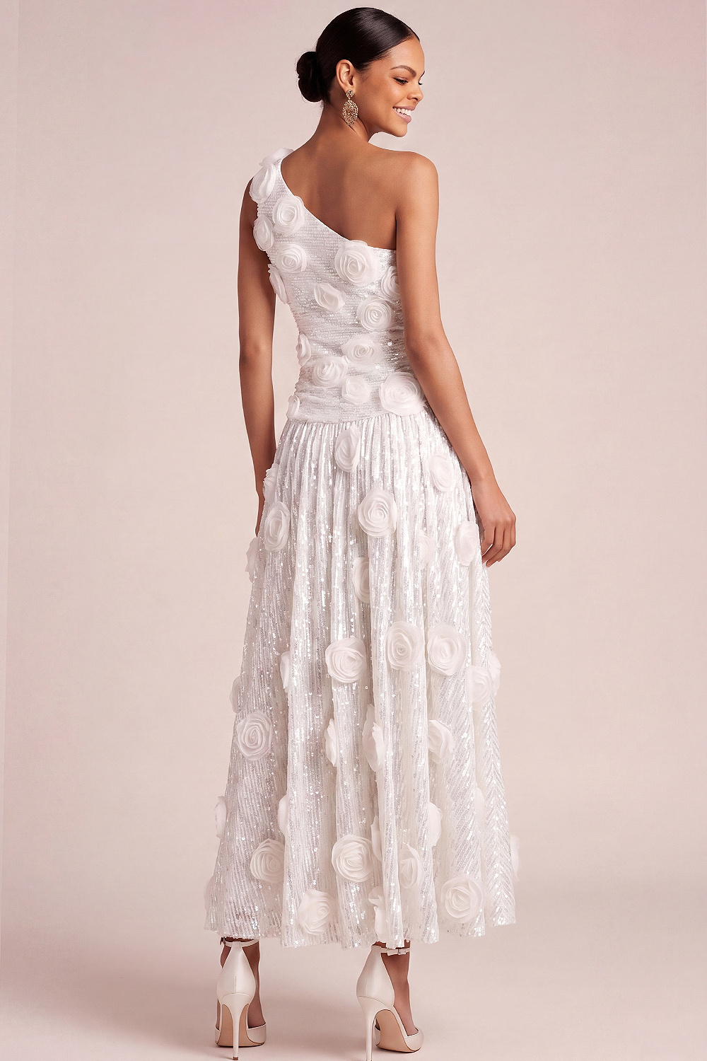 White Floral Formal Dress One Shoulder Appliqued Sequin Pleated Maxi Dress