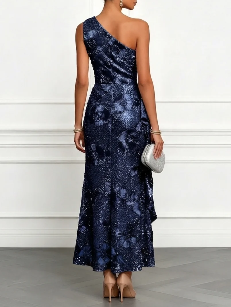 Champagne Jacquard Sequin One Shoulder Sleeveless Mermaid Maxi Dress