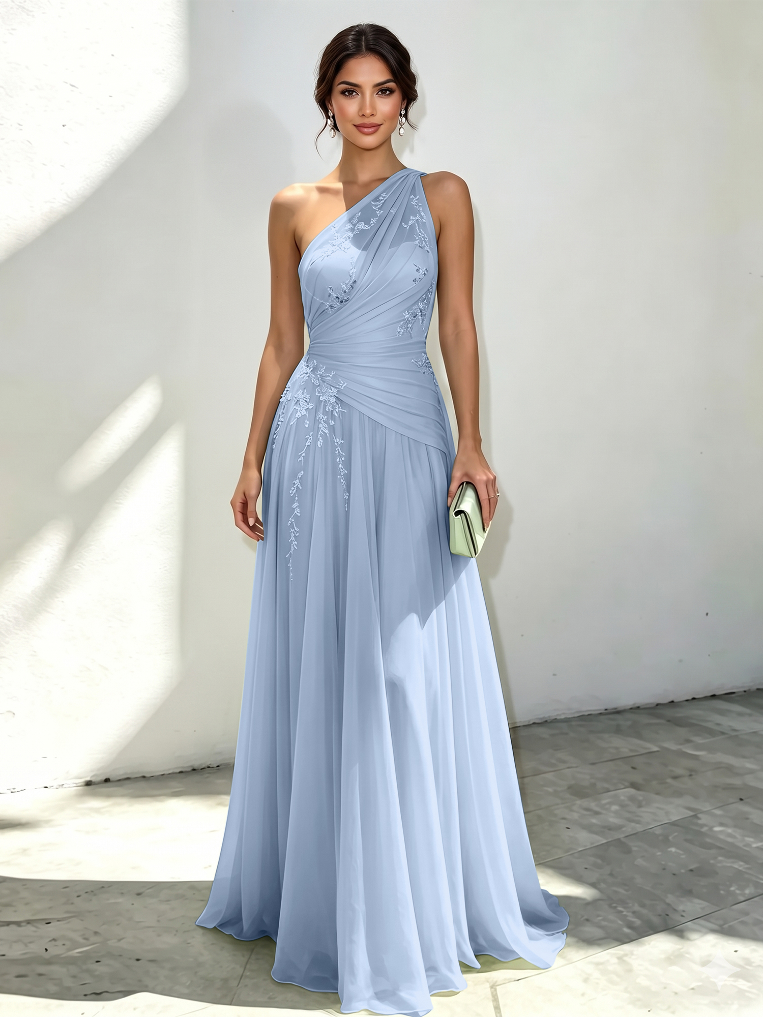 Mint Green Applique 3D Floral Chiffon One Shoulder Sleeveless A-Line Floor Length Dress