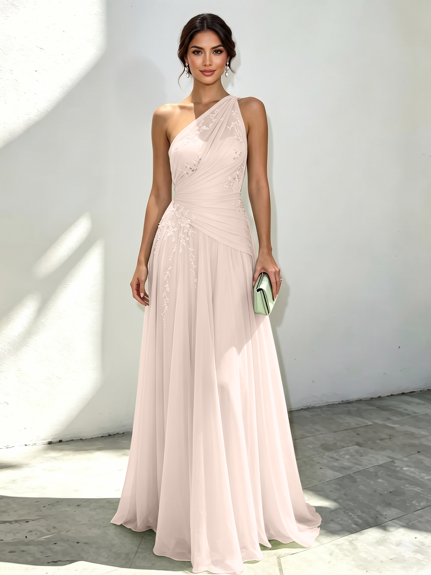 Mint Green Applique 3D Floral Chiffon One Shoulder Sleeveless A-Line Floor Length Dress