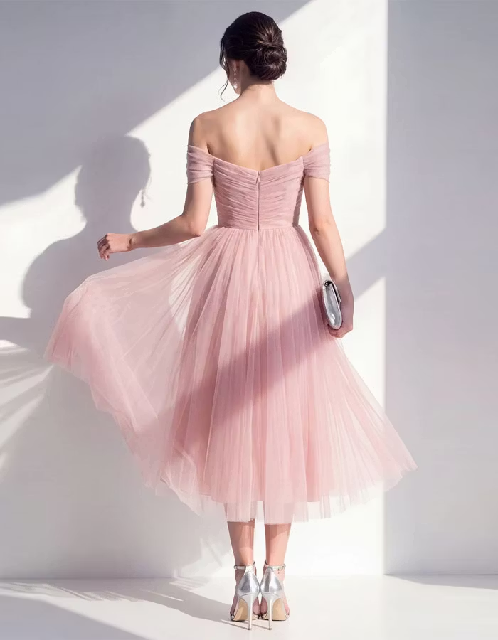 Pink Off Shoulder Tulle Midi Dress