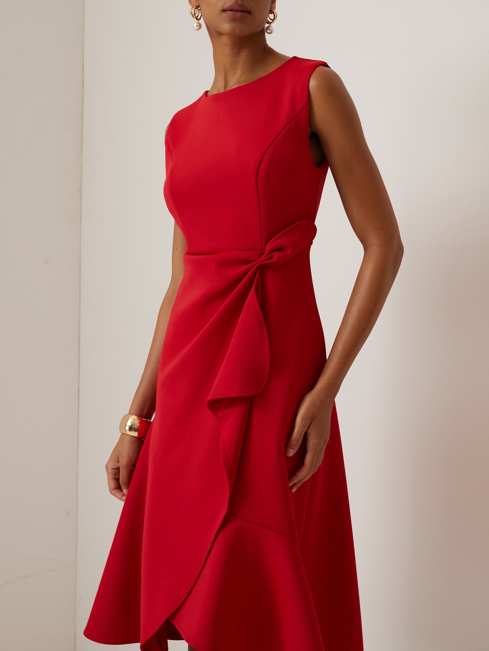 Red Asymmetric Ruffled Classic Boat Neck Sleeveless Midi Elegant A-line Dress with Waist Twist for Day-to-Night