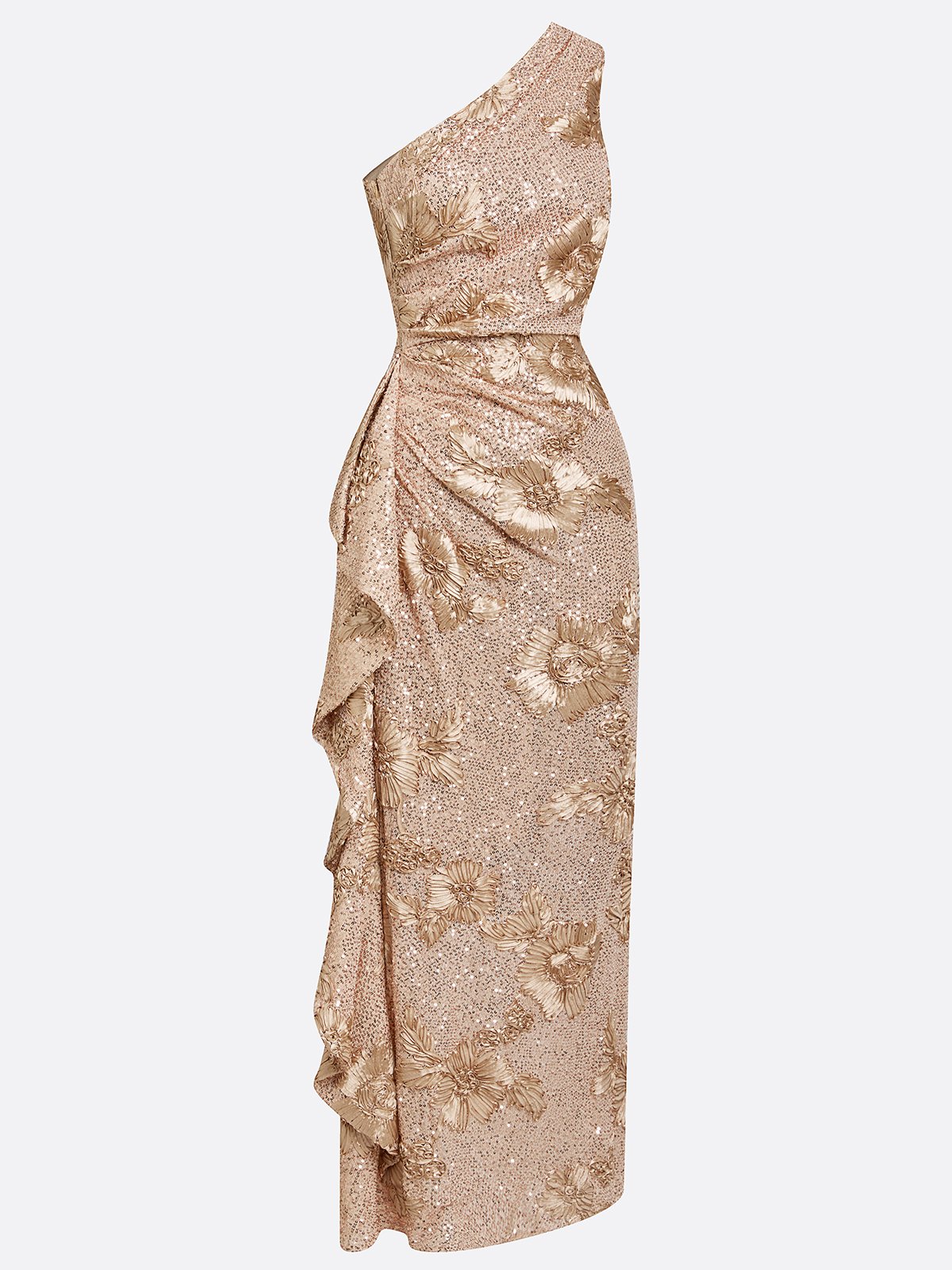 Champagne Jacquard Sequin One Shoulder Sleeveless Mermaid Maxi Dress