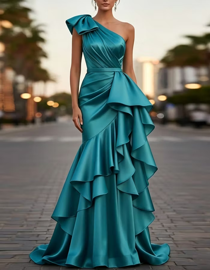 Satin One-shoulder Ruffled Mermaid Maxi Dress