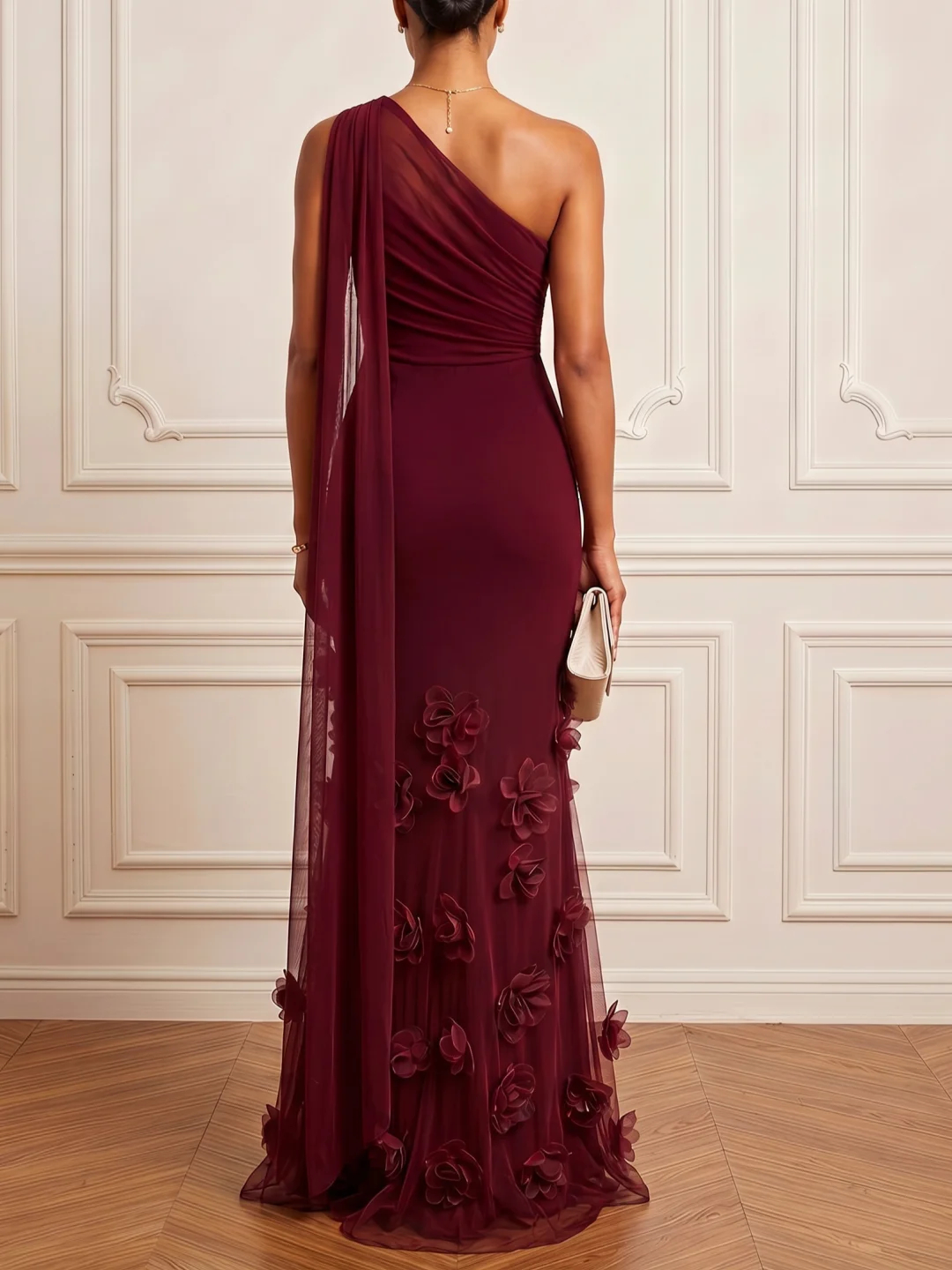 3D Floral Tulle One Shoulder Sleeveless Mermaid Maxi Dress